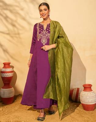 Wine color smart silk slub fabric designer embroidered festive special salwar kameez 1