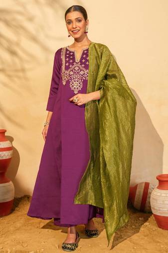 Wine color smart silk slub fabric designer embroidered festive special salwar kameez