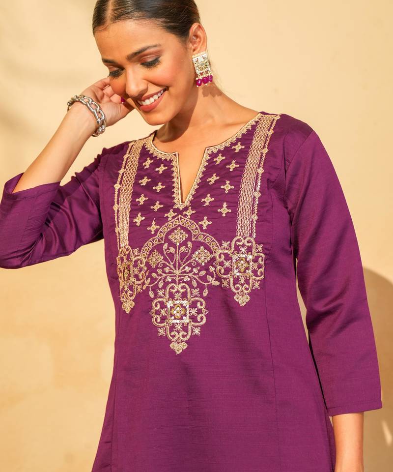 Wine color smart silk slub fabric designer embroidered festive special salwar kameez