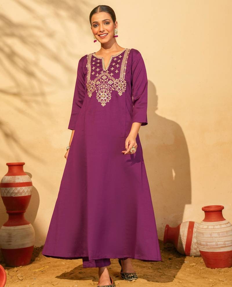 Wine color smart silk slub fabric designer embroidered festive special salwar kameez