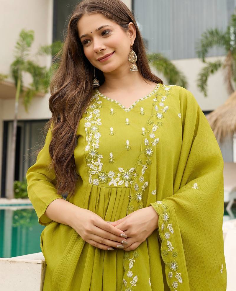 Lemon color smart chinon fabric designer embroidered festive special salwar kameez