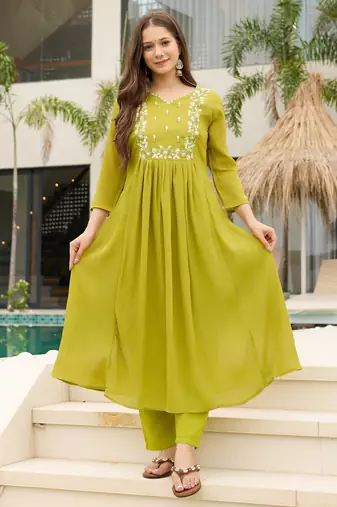 Lemon color smart chinon fabric designer embroidered festive special salwar kameez