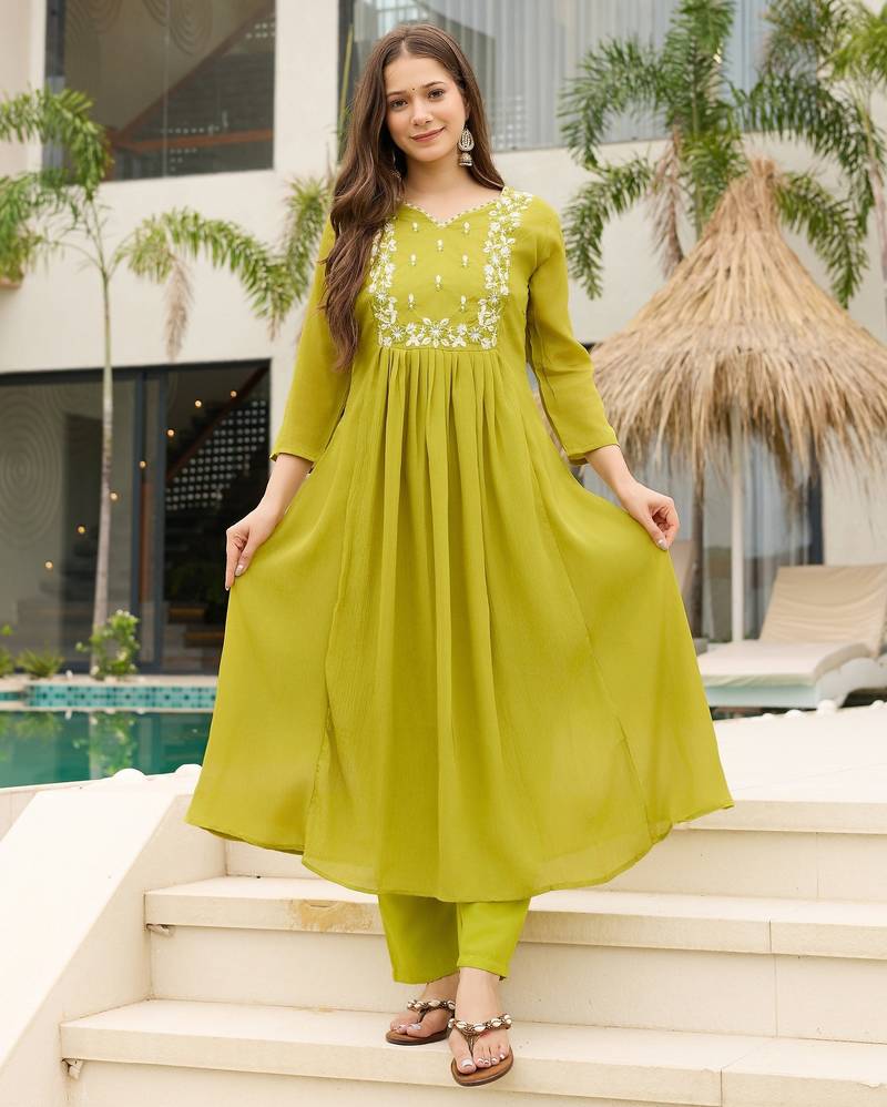 Lemon color smart chinon fabric designer embroidered festive special salwar kameez