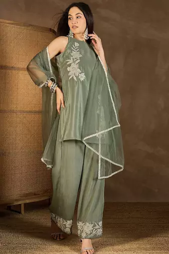 Pista color smart graceful kurta set for trendy girlie looks