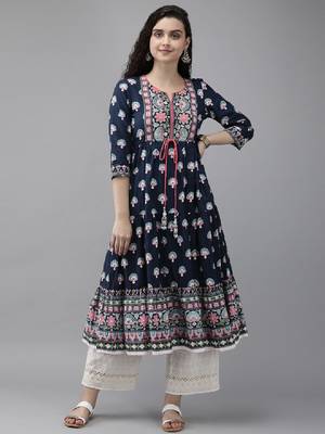 Women navy blue printed anarkali kurta 1