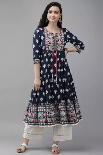 Women navy blue printed anarkali kurta