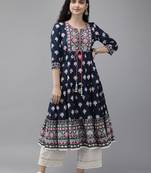Women navy blue printed anarkali kurta