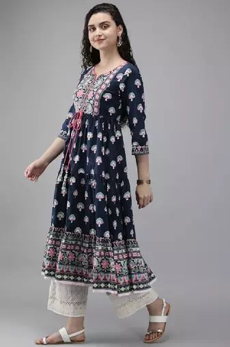Women navy blue printed anarkali kurta