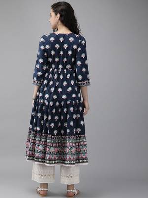 Women navy blue printed anarkali kurta 4