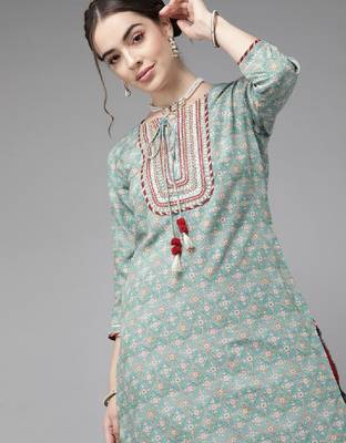 Teal blue ethnic motif yoke embroidered print kurta 1