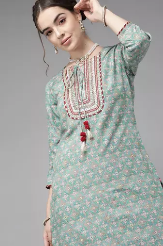 Teal blue ethnic motif yoke embroidered print kurta