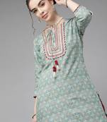 Teal blue ethnic motif yoke embroidered print kurta
