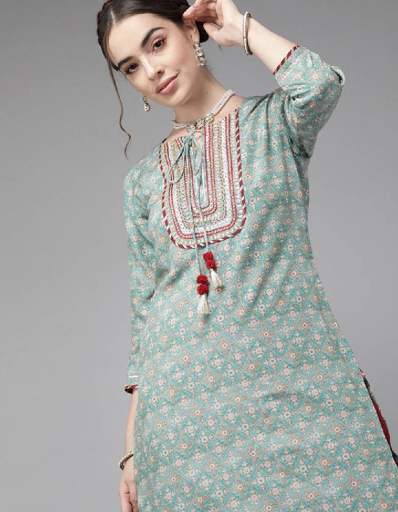 Teal blue ethnic motif yoke embroidered print kurta