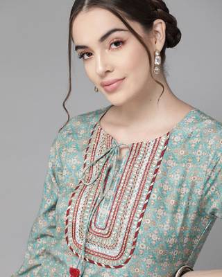 Teal blue ethnic motif yoke embroidered print kurta 2