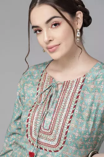 Teal blue ethnic motif yoke embroidered print kurta