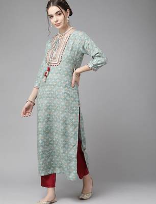 Teal blue ethnic motif yoke embroidered print kurta 3