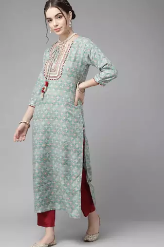 Teal blue ethnic motif yoke embroidered print kurta