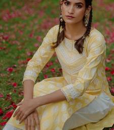 Women yellow & white ethnic motifs screen print cotton pastel kurta