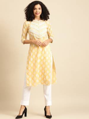 Women yellow & white ethnic motifs screen print cotton pastel kurta 1