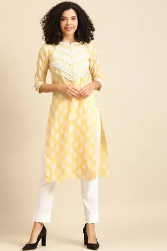 Women yellow & white ethnic motifs screen print cotton pastel kurta