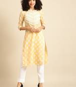 Women yellow & white ethnic motifs screen print cotton pastel kurta