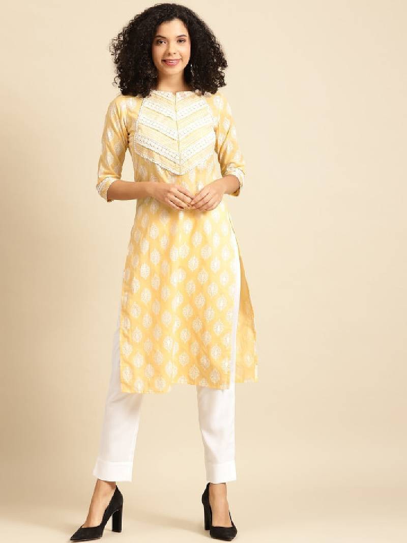 Women yellow & white ethnic motifs screen print cotton pastel kurta