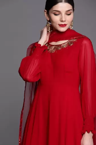 Women red & gold-toned embroidered georgette anarkali kurta