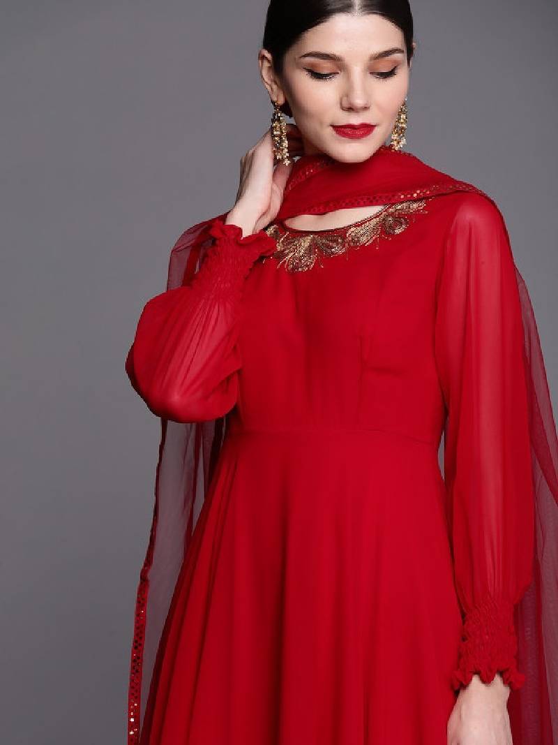Women red & gold-toned embroidered georgette anarkali kurta