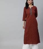 Women maroon ethnic motifs printed cotton kurta