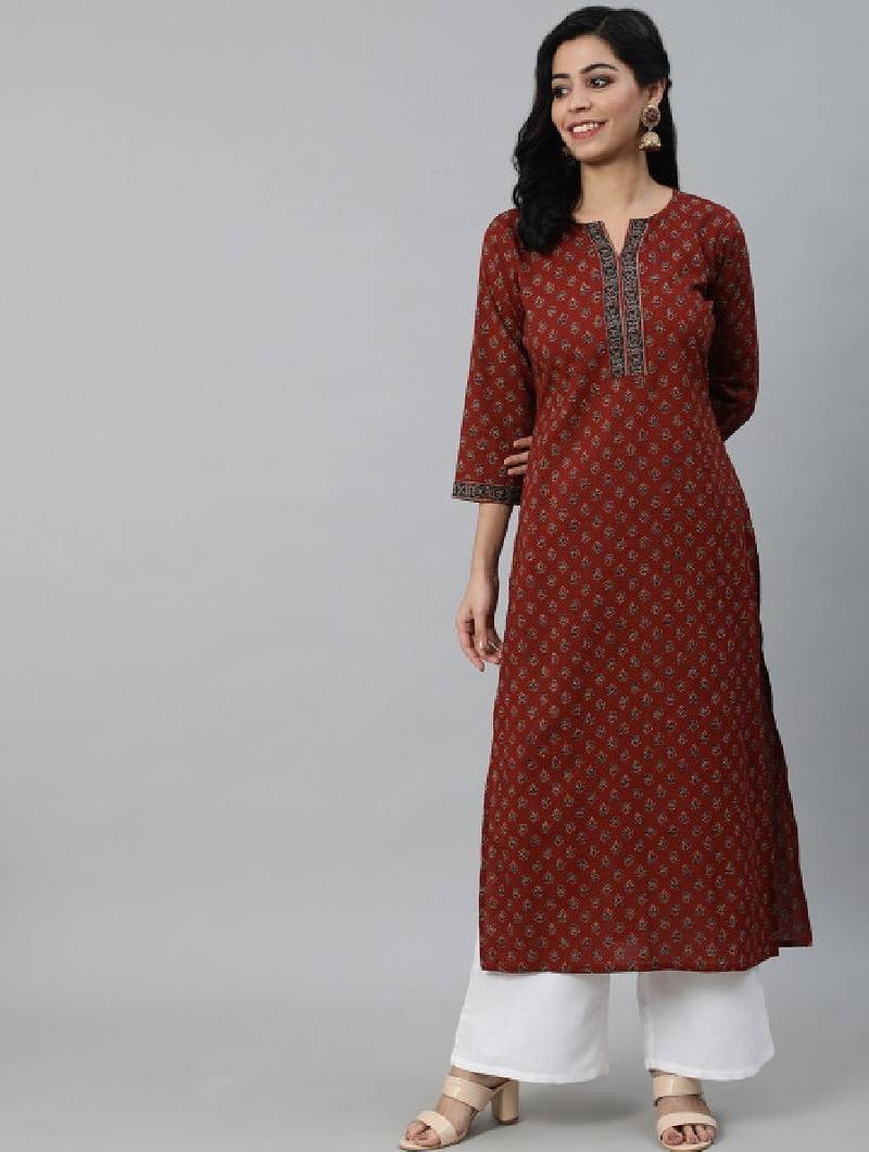Women maroon ethnic motifs printed cotton kurta