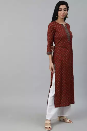 Women maroon ethnic motifs printed cotton kurta