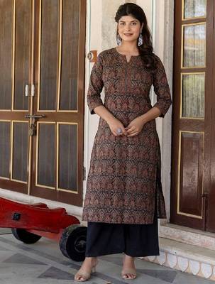 Women multicoloured & bracken ethnic motifs printed keyhole neck chikankari kurta 1