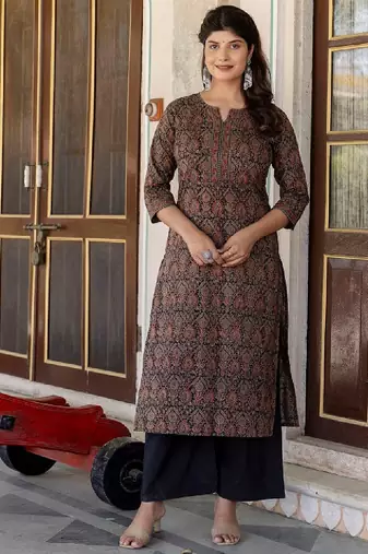 Women multicoloured & bracken ethnic motifs printed keyhole neck chikankari kurta