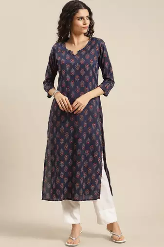 Women navy blue & red ethnic motifs printed kurta