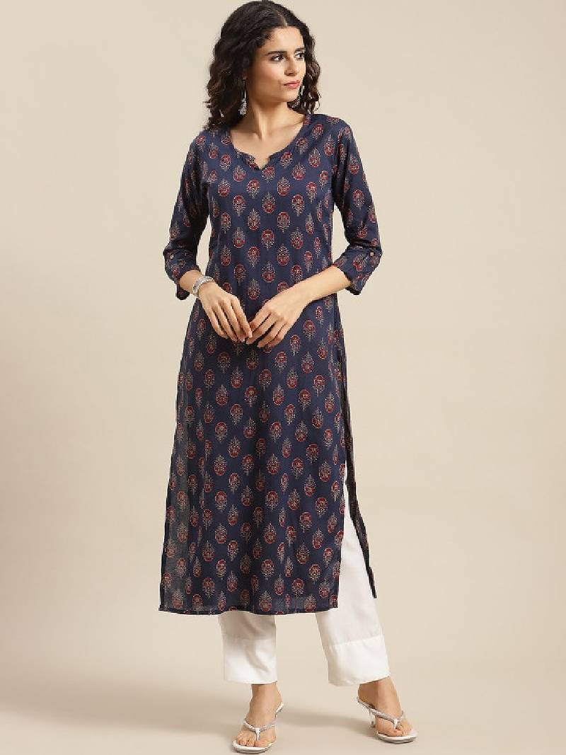 Women navy blue & red ethnic motifs printed kurta