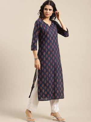 Women navy blue & red ethnic motifs printed kurta 3