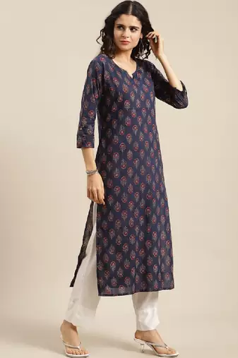 Women navy blue & red ethnic motifs printed kurta