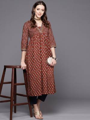 Women maroon alia cut ethnic jaipuri printed a line pure cotton kurta 1