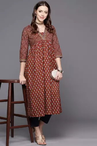 Women maroon alia cut ethnic jaipuri printed a line pure cotton kurta