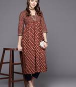 Women maroon alia cut ethnic jaipuri printed a line pure cotton kurta