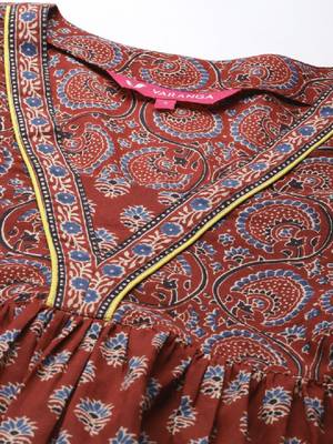 Women maroon alia cut ethnic jaipuri printed a line pure cotton kurta 2