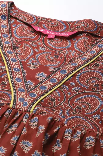 Women maroon alia cut ethnic jaipuri printed a line pure cotton kurta