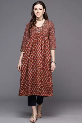Women maroon alia cut ethnic jaipuri printed a line pure cotton kurta