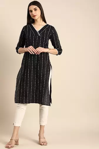 Women woven design striped straight kurta