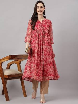 Women's dark pink chiffon lurex floral printed flared kurta 1