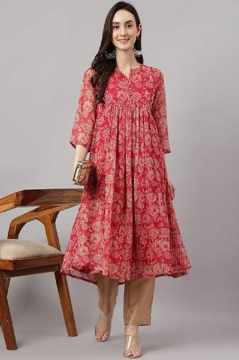 Women's dark pink chiffon lurex floral printed flared kurta