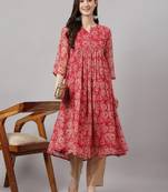Women's dark pink chiffon lurex floral printed flared kurta