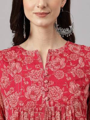 Women's dark pink chiffon lurex floral printed flared kurta 2