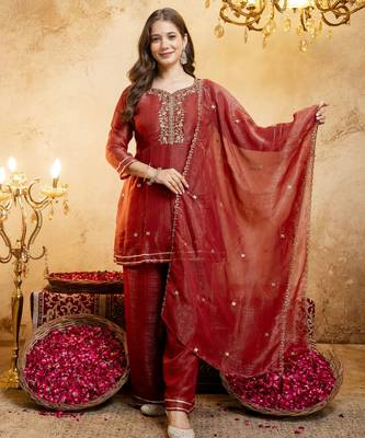 Rust color smart crunchy fabric designer graceful partywear suit for trendy girlie looks 5