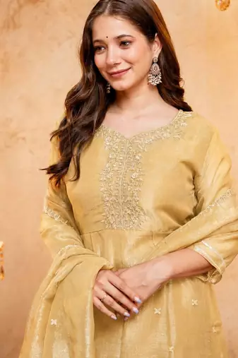 Yellow color smart crunchy fabric designer graceful partywear suit for trendy girlie looks